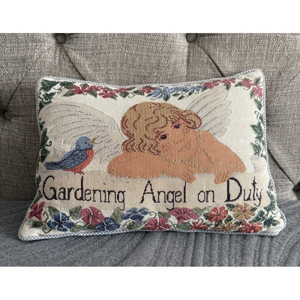 VTG Gardening Angel On Duty Tapestry Throw Pillow Floral 15"x 10" Cottagecore